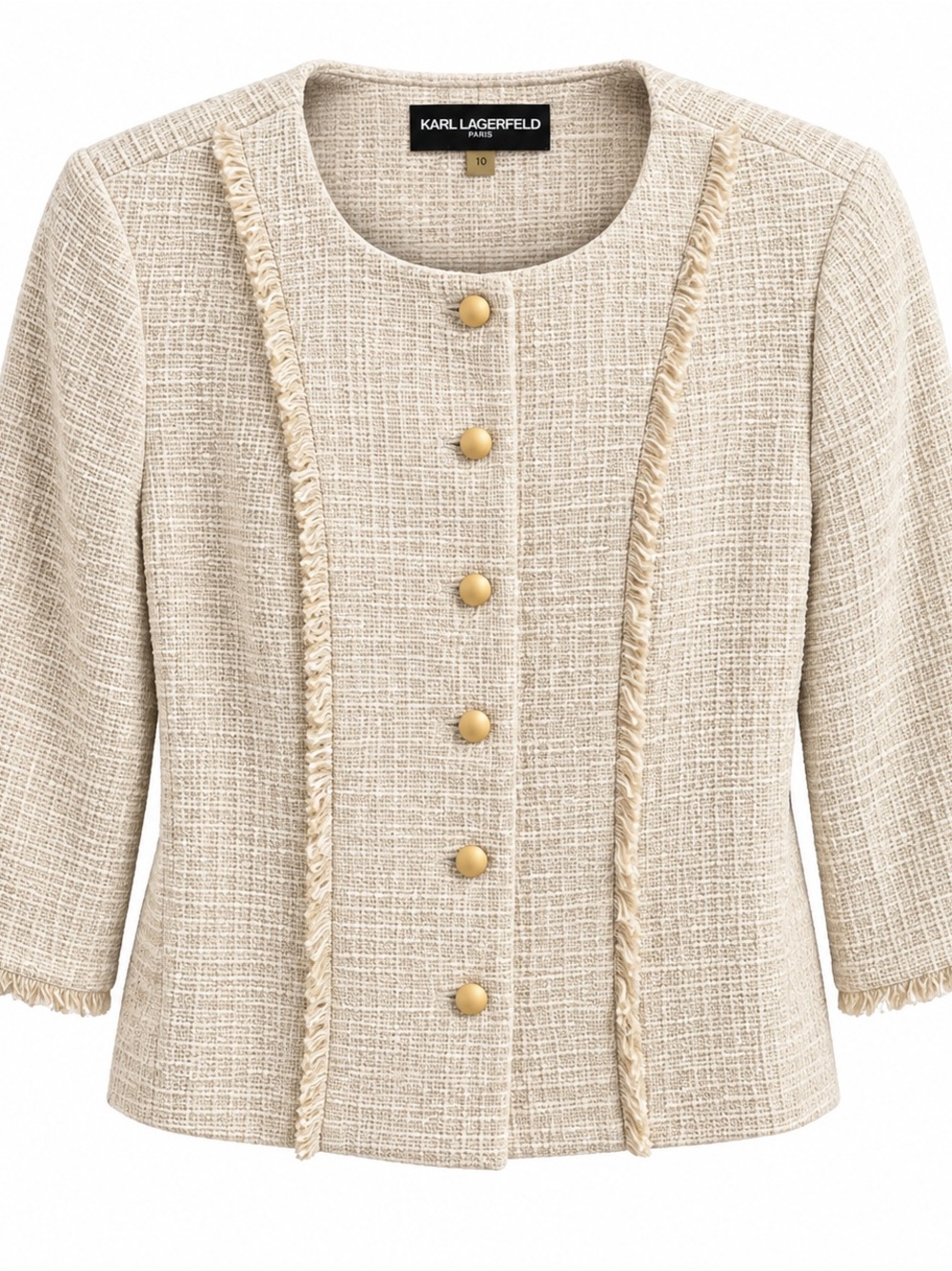 Karl Lagerfeld Beige Tweed Fringe-Trim Blazer with Gold Buttons